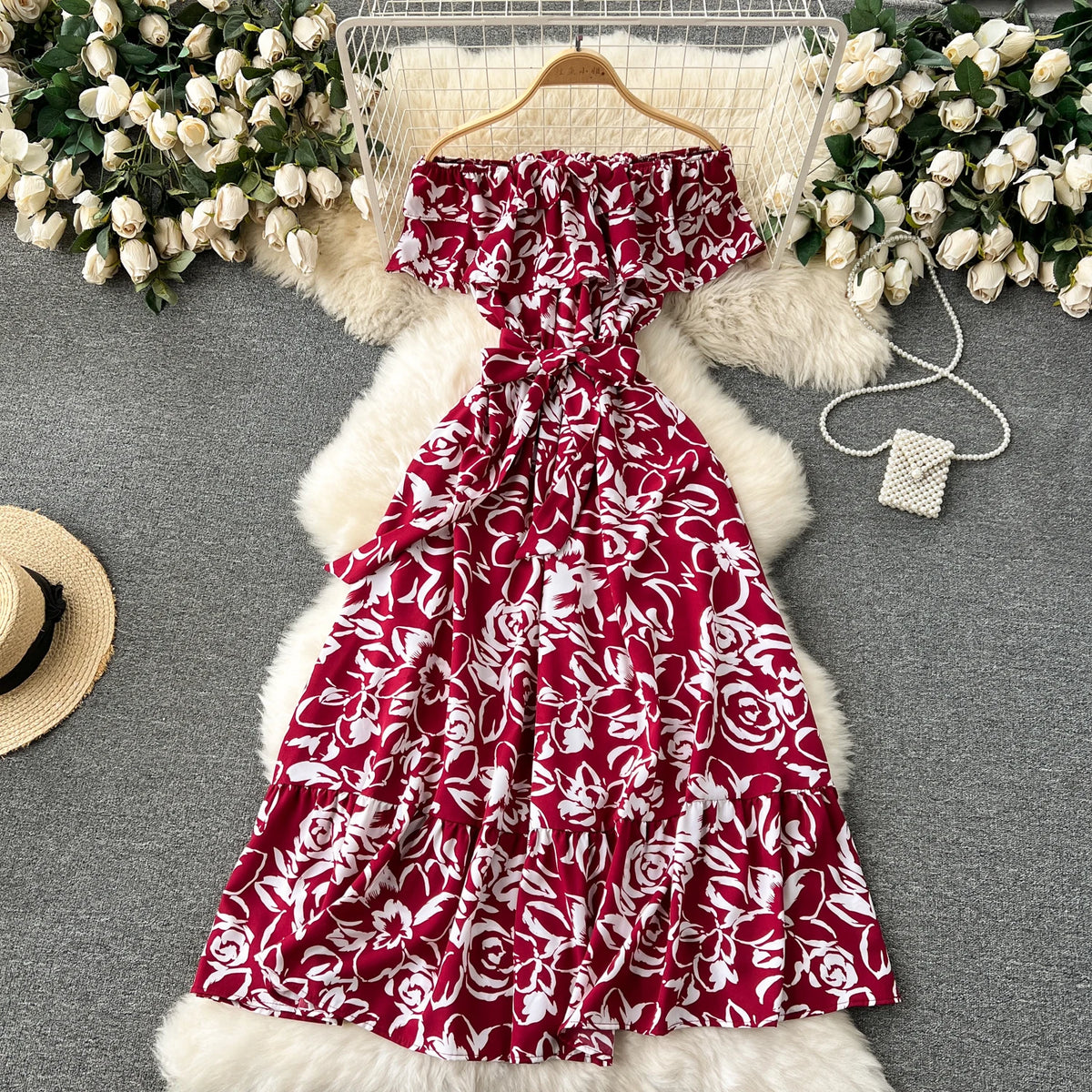 Print Chiffon Boat Neck Tie Waist Dress
