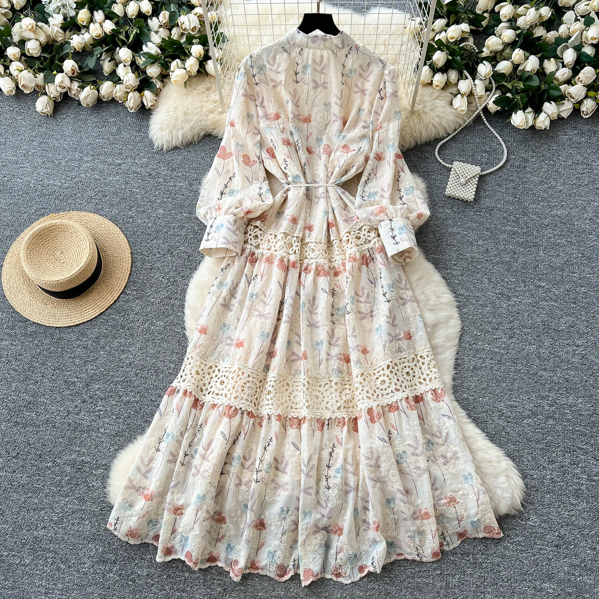 Embroidered Lace Ruffle Button Dress