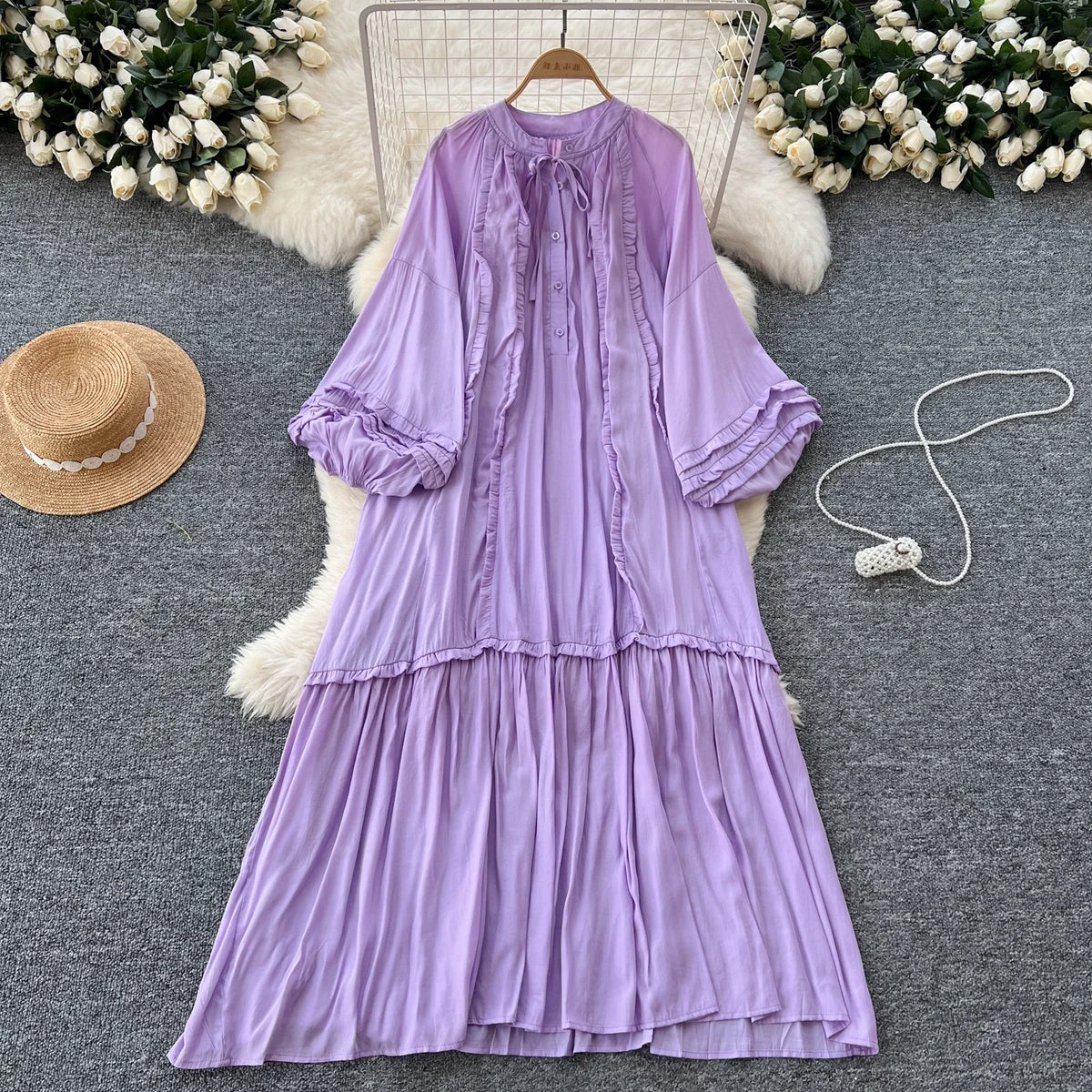 Lace-Up Lantern Sleeve Ruffle Dress