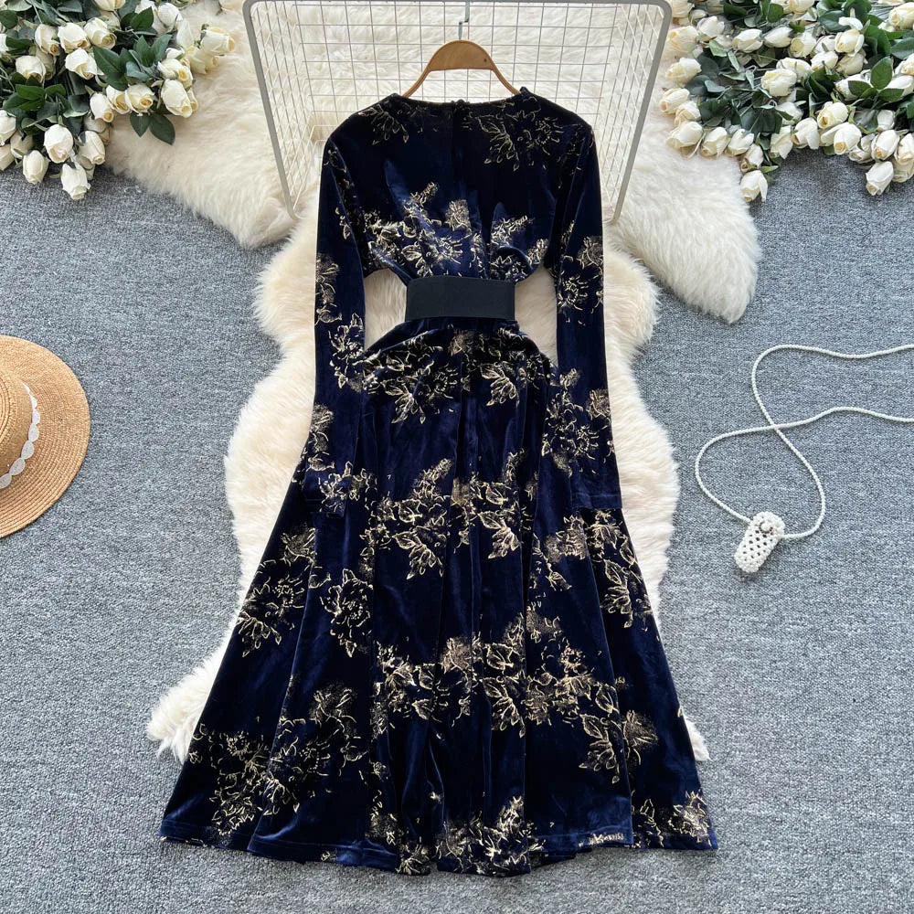 Velour Print Long Sleeve A-Line Dress