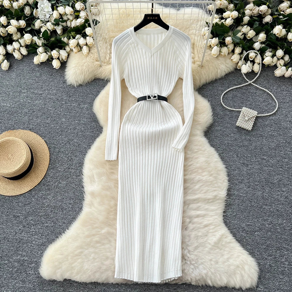 Ribbed Belted Knit Wrap Maxi Dress