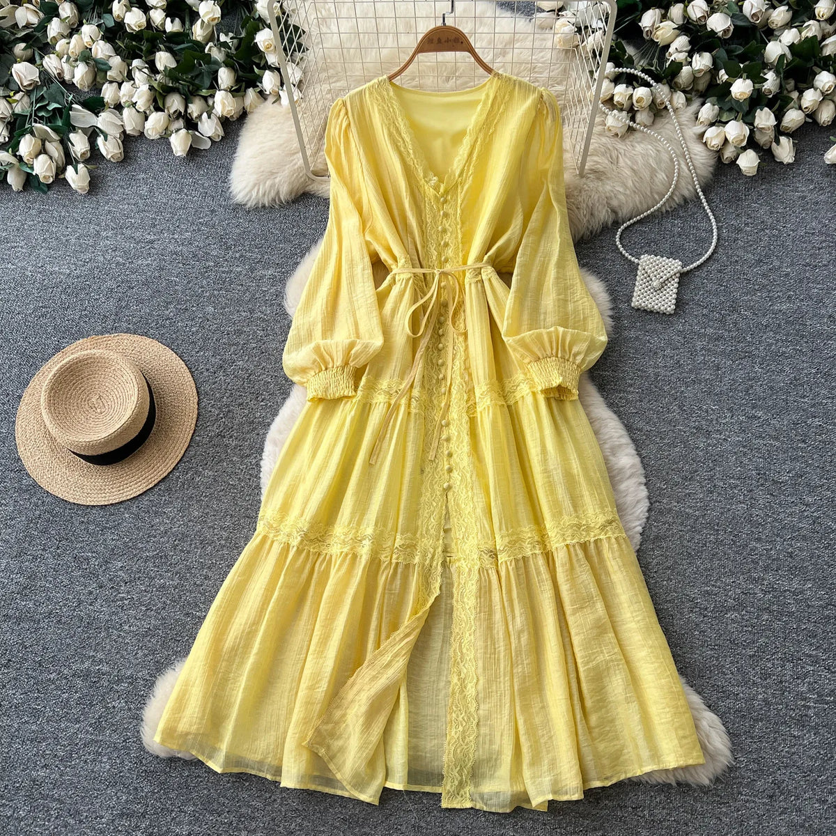 Lace V-Neck High Waist A-Line Dress