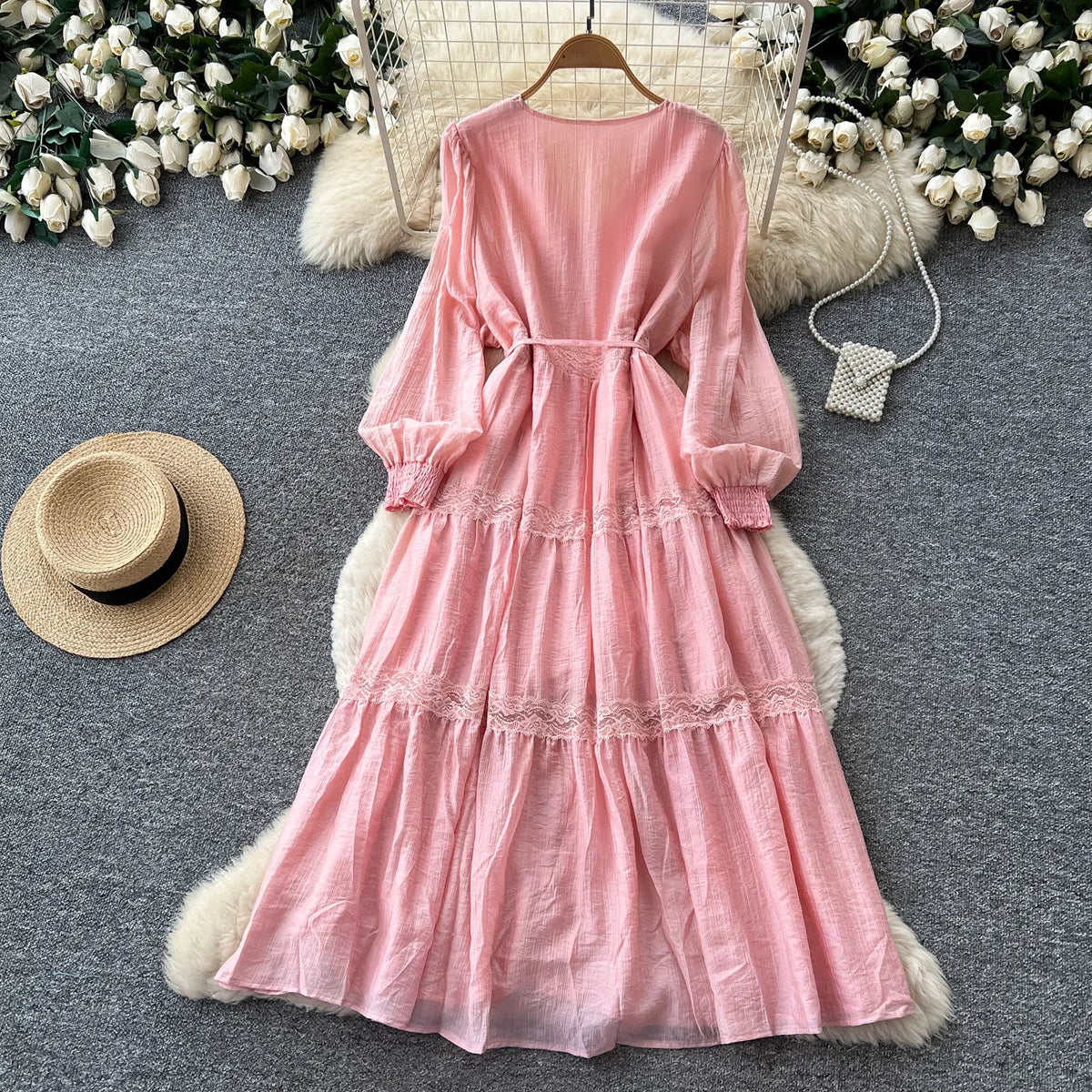 Lace V-Neck High Waist A-Line Dress