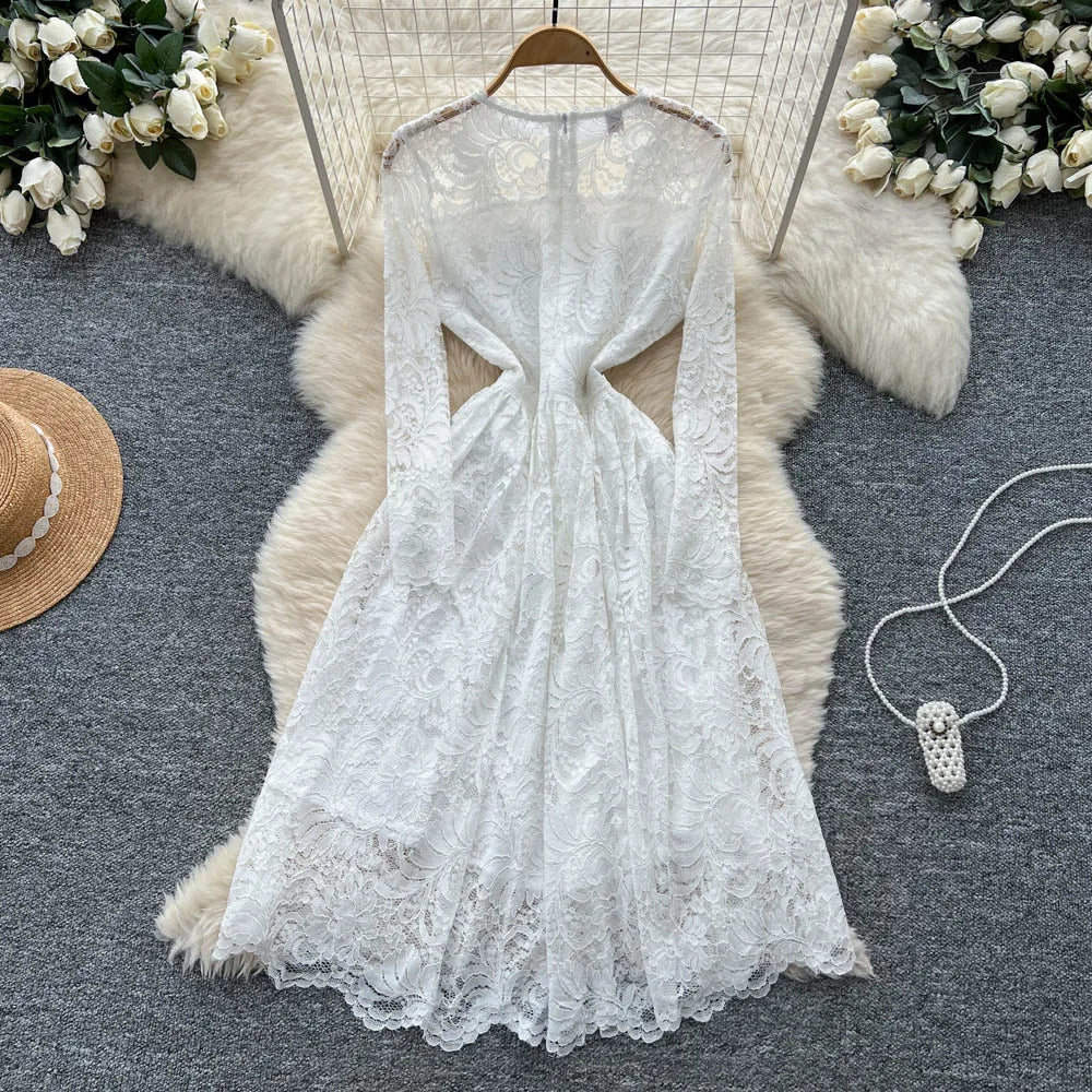 Embroidered Lace Ruched Long Sleeve Dress