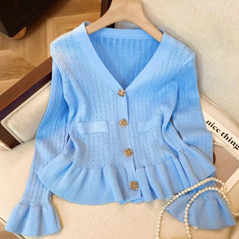Ruffled V-Neck Button Knit Cardigan