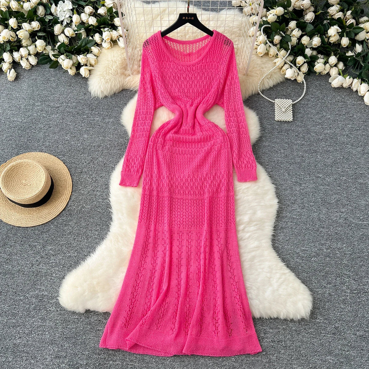 Openwork Knit Long Sleeve Dress