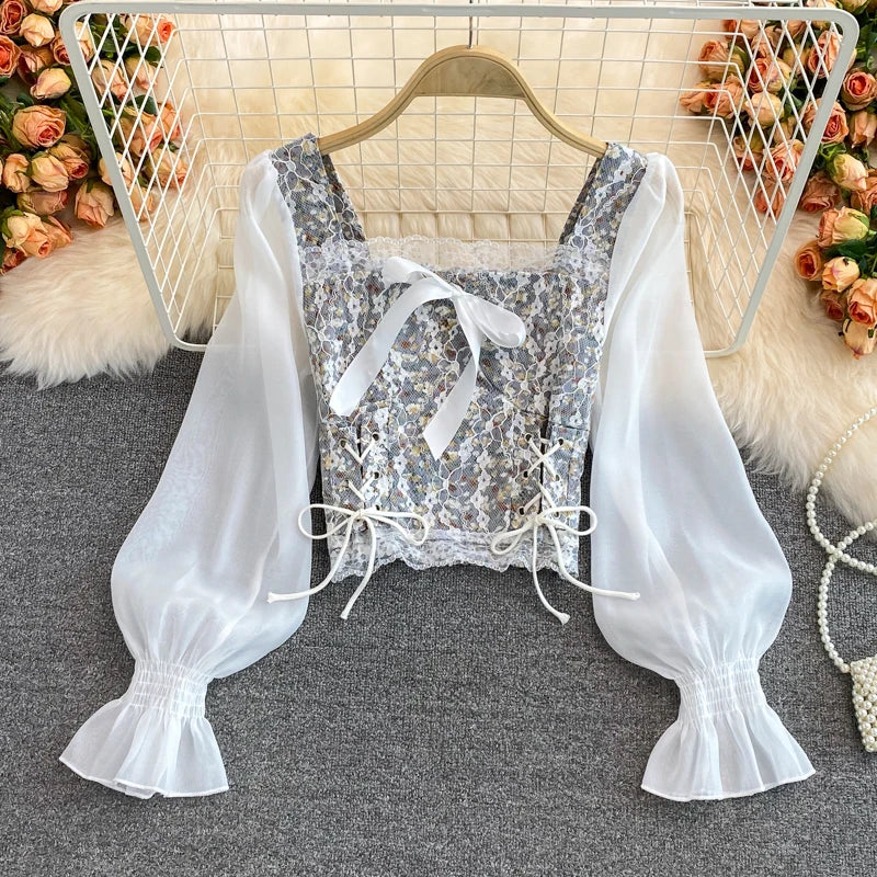 Floral Mesh Lace Patchwork Blouse