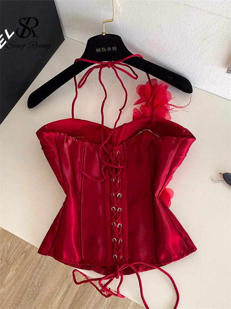 Red Satin 3D Floral Corset Top