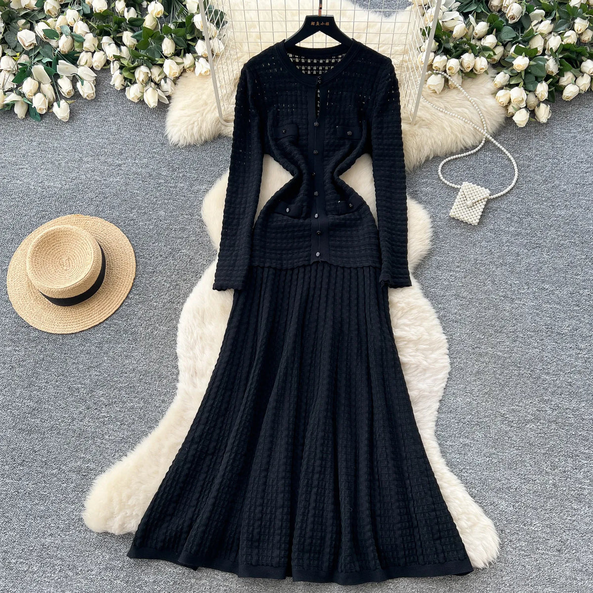 Pleated Tweed Knit A-Line Maxi Dress