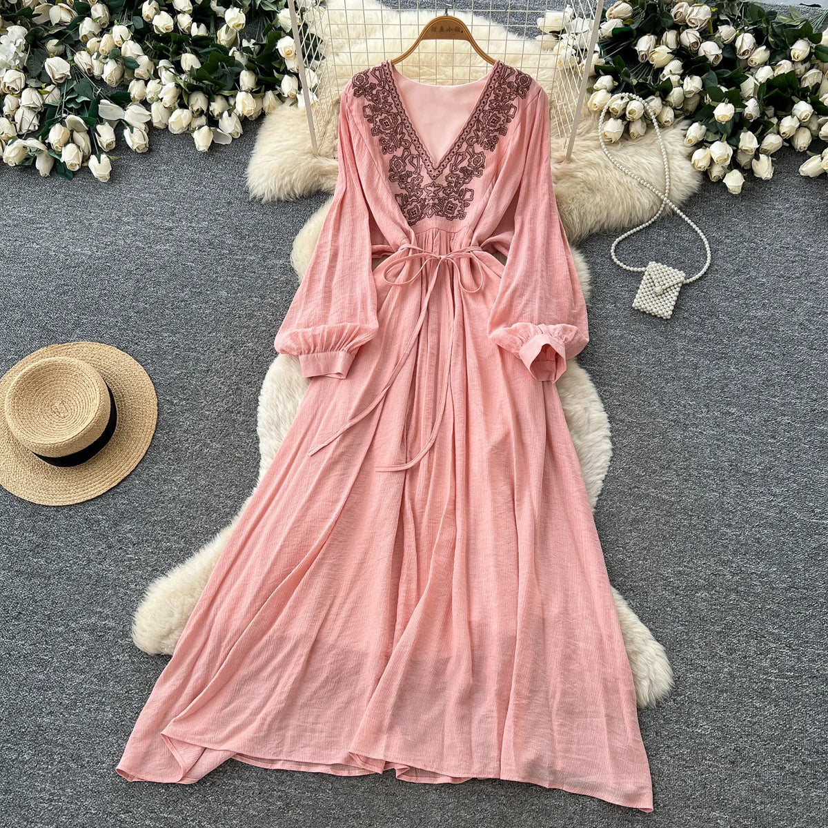 Embroidered V-Neck Tie Maxi Dress