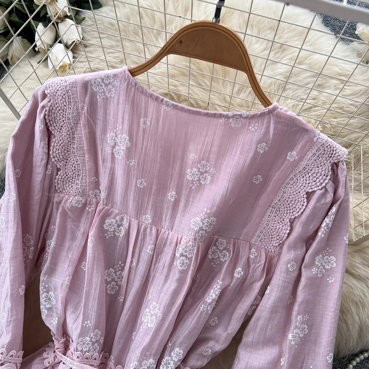 Jacquard Ruffle Puff Sleeve Swing Dress
