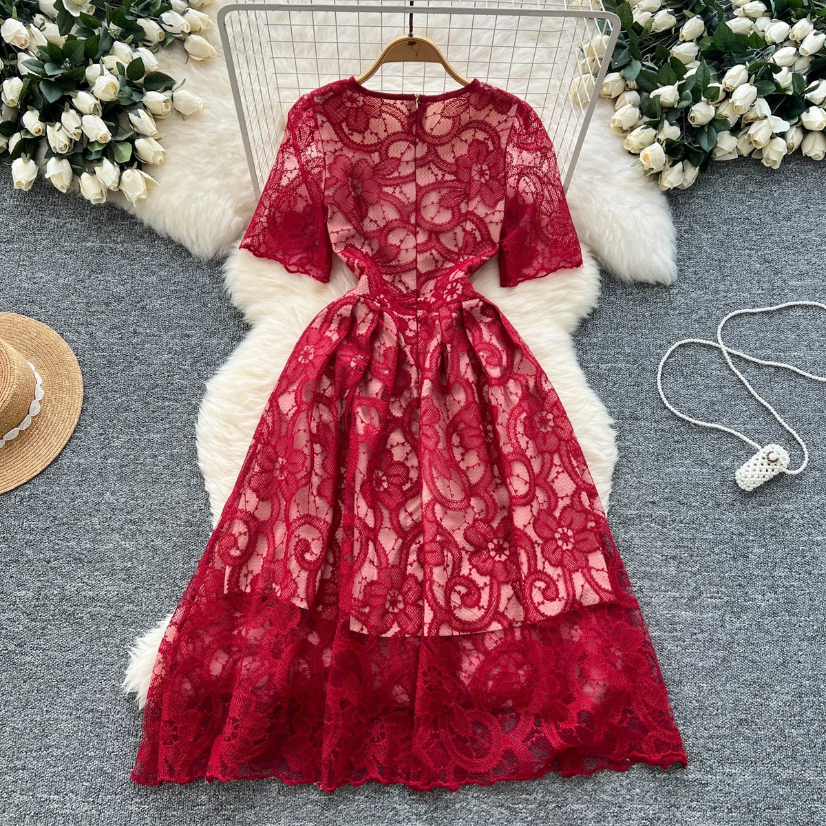 Crochet Lace Short Sleeve Maxi Dress