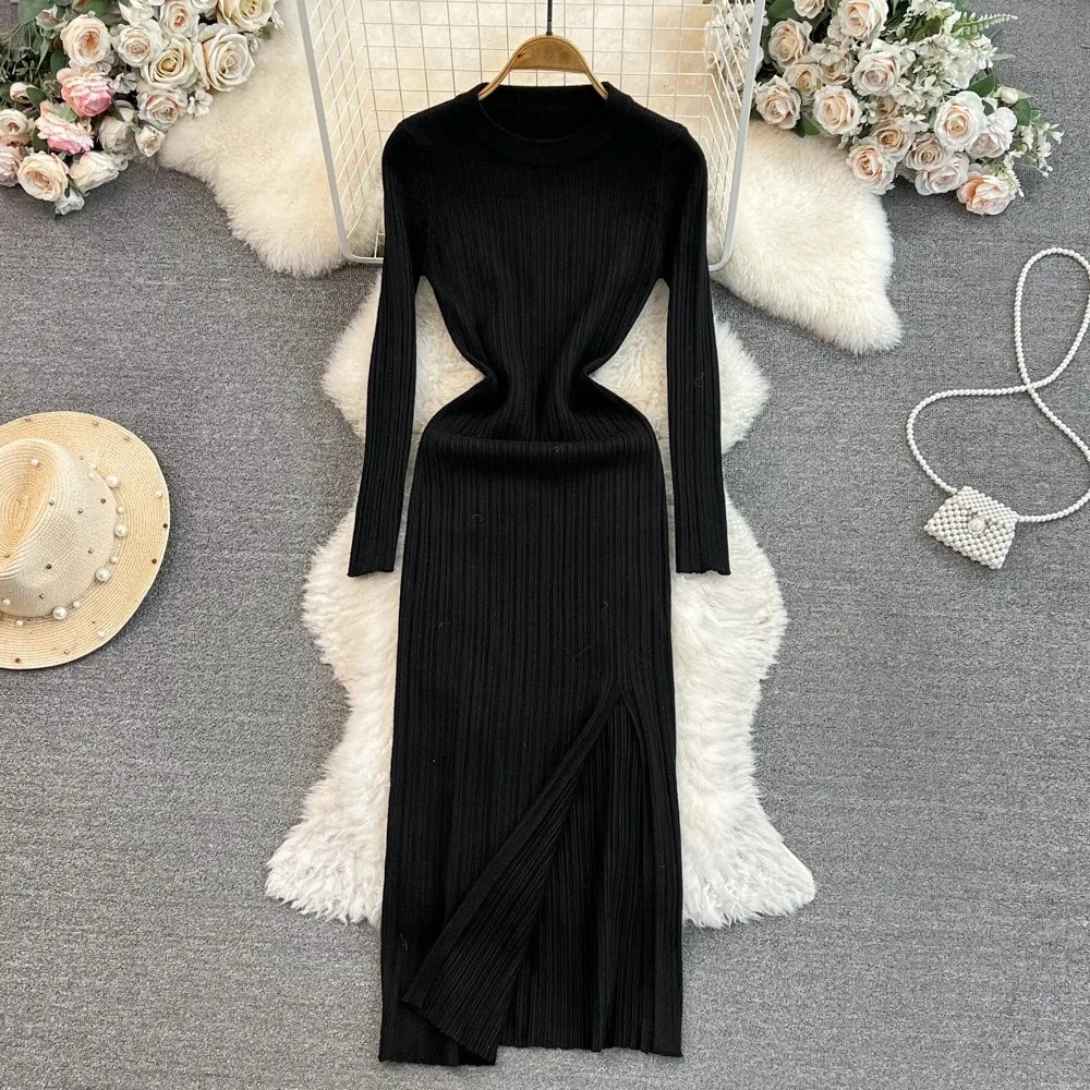 Ribbed High Slit Knit Maxi Dress