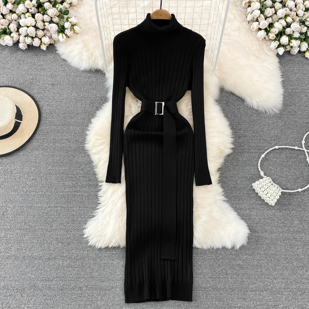 Belted Turtleneck Knit Bodycon Sweater Dress