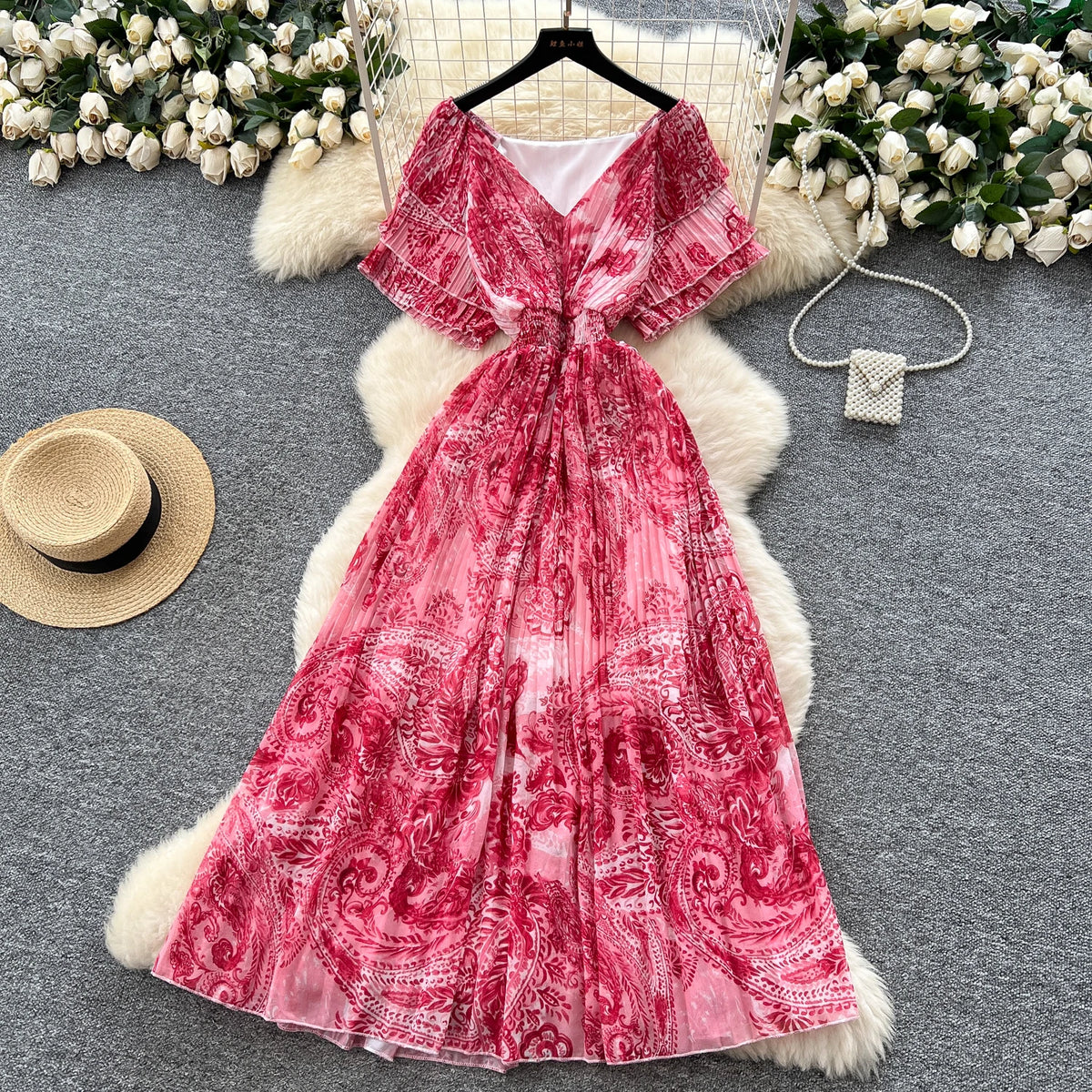 Ruched Print Short Sleeve Beach Dress