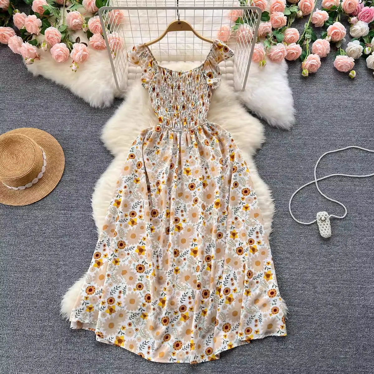 Floral Elastic Waist Swing Maxi Dress