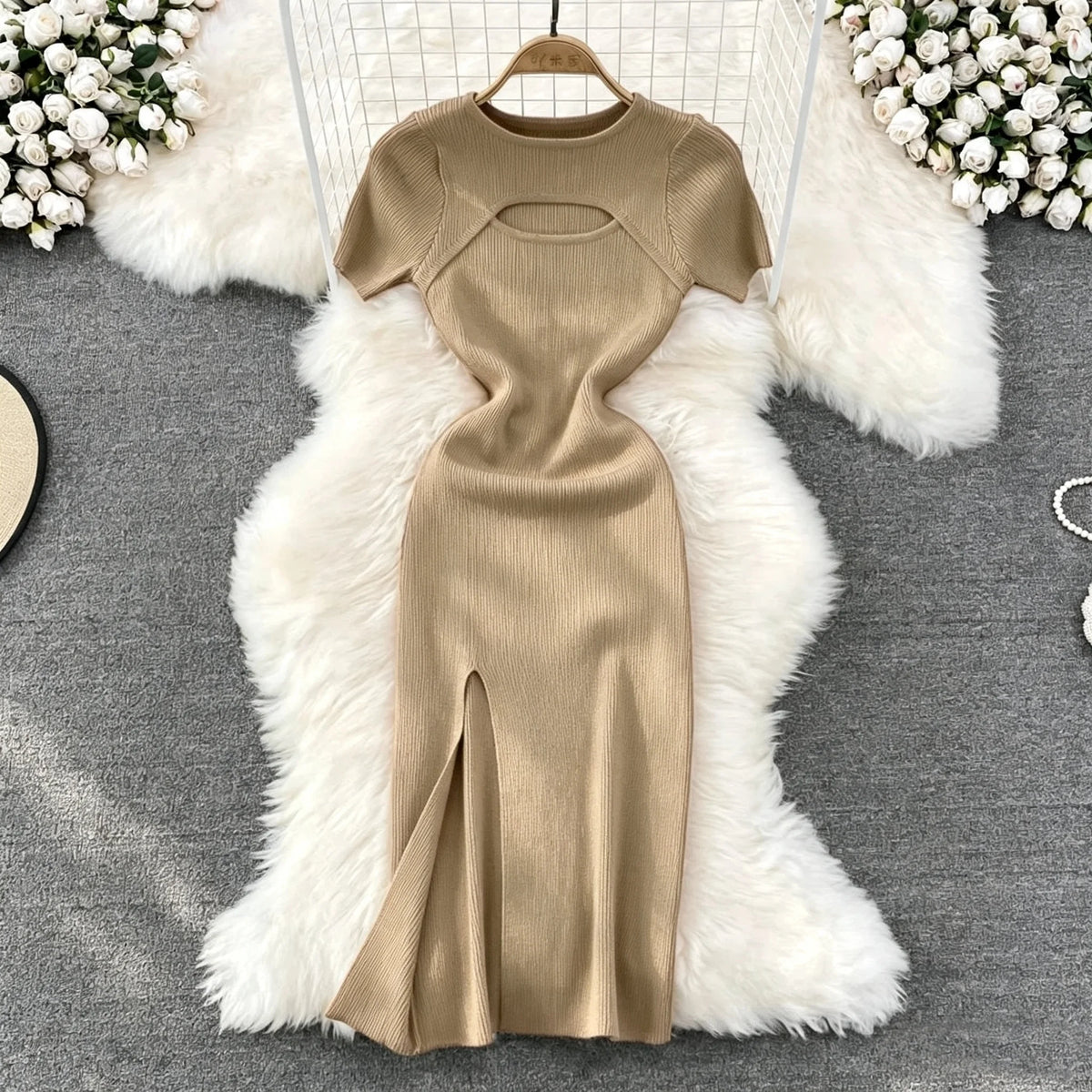 Cutout Chest Split Knit Mini Dress