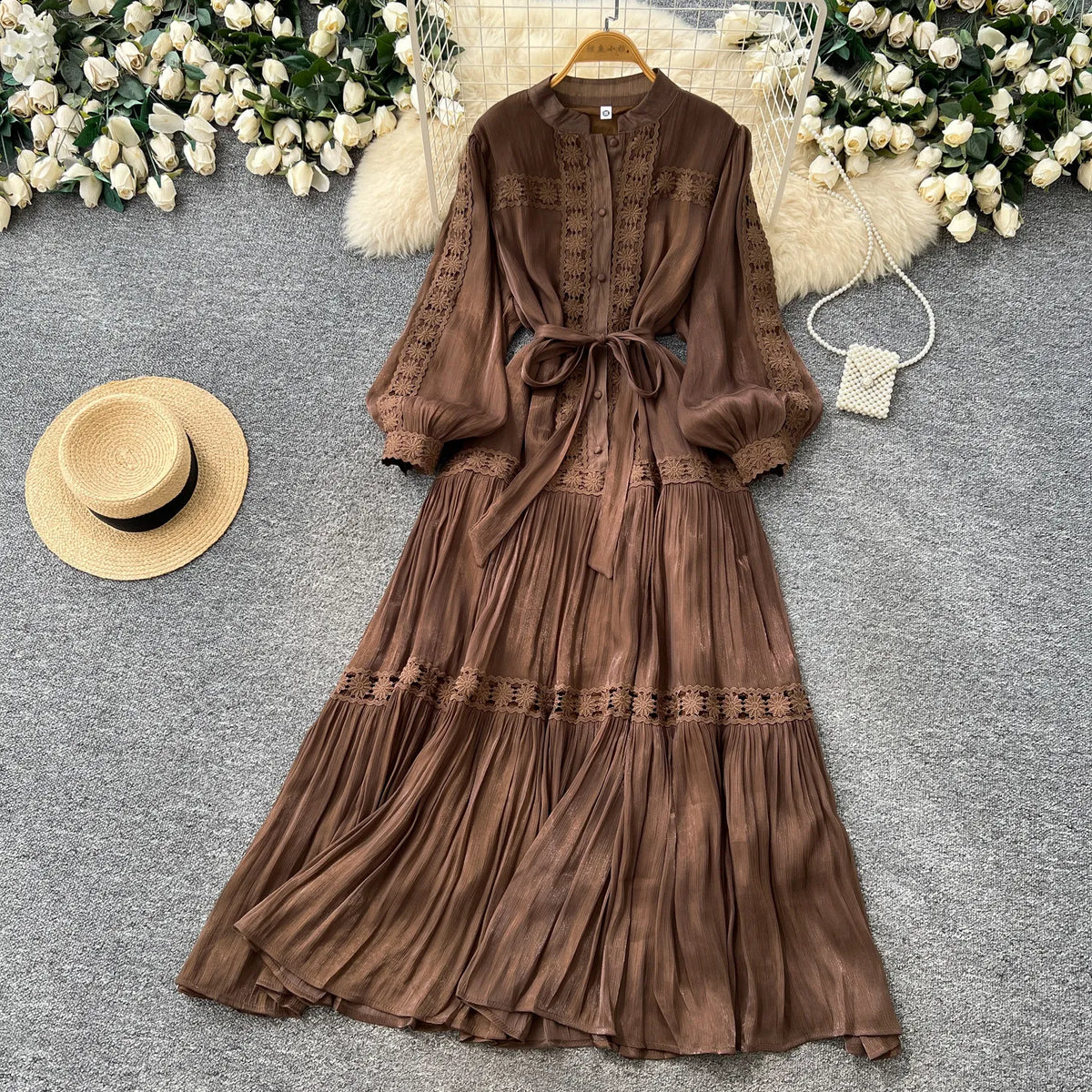 Jacquard Puff Sleeve Ruffle Swing Dress