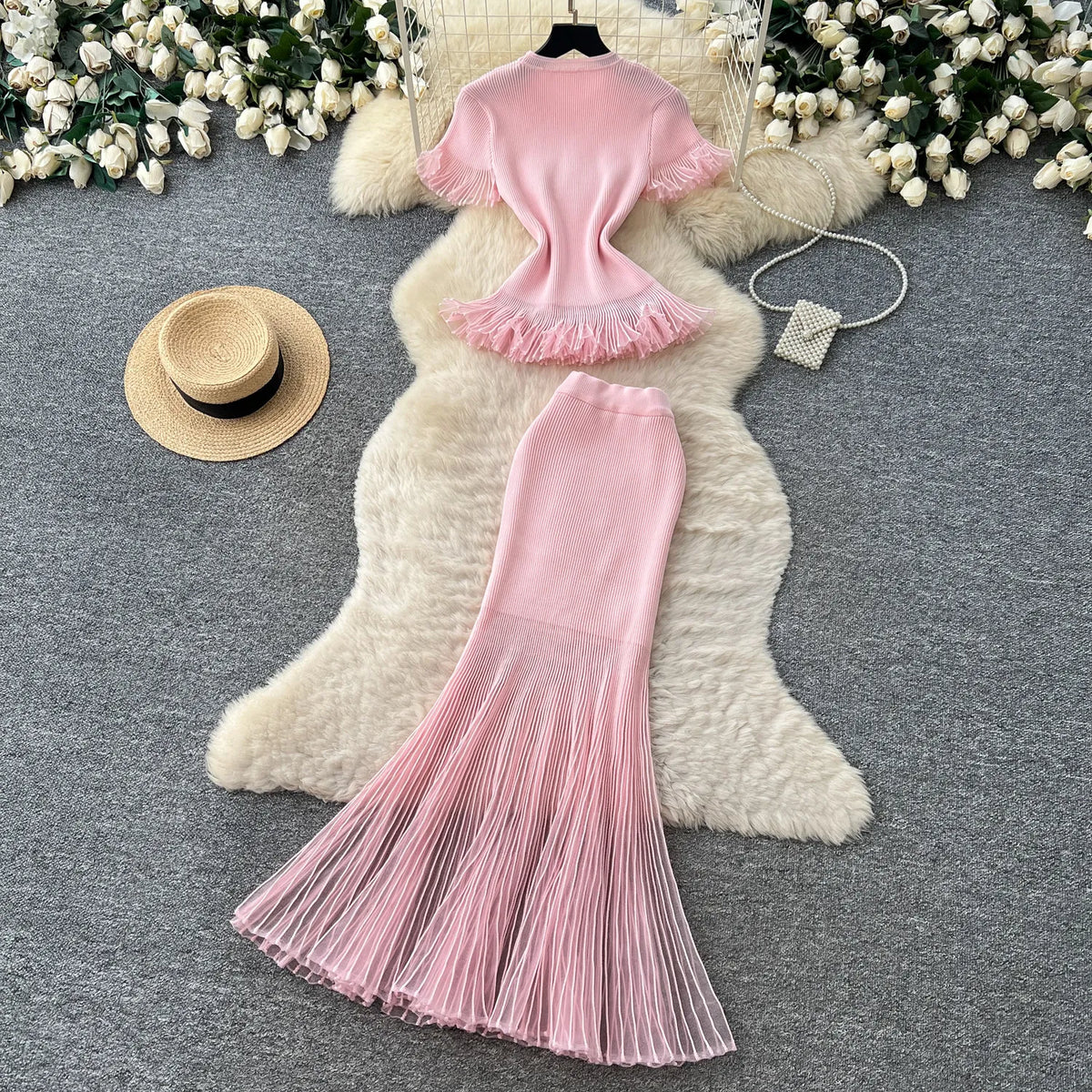 Ruffled Knit Pullover and Trumpet Skirt Set