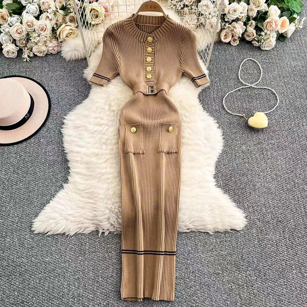 Belted Button Knit Bodycon Maxi Dress