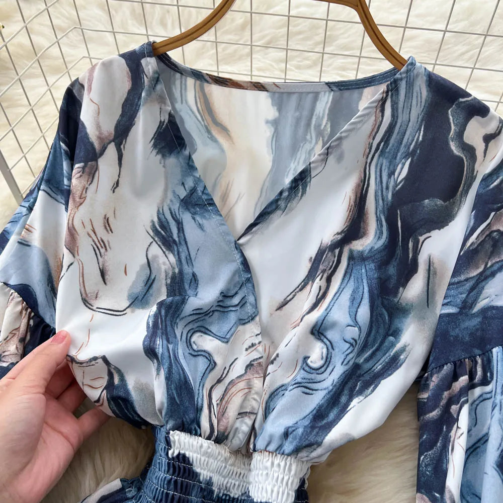 Criss-Cross Print Lantern Sleeve Dress