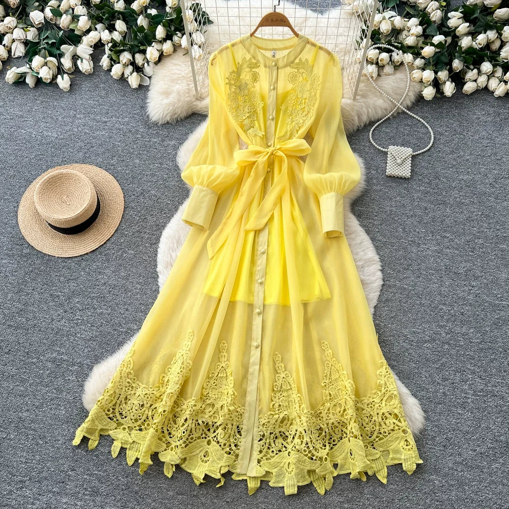 Embroidered Cutout Puff Sleeve Bandage Dress