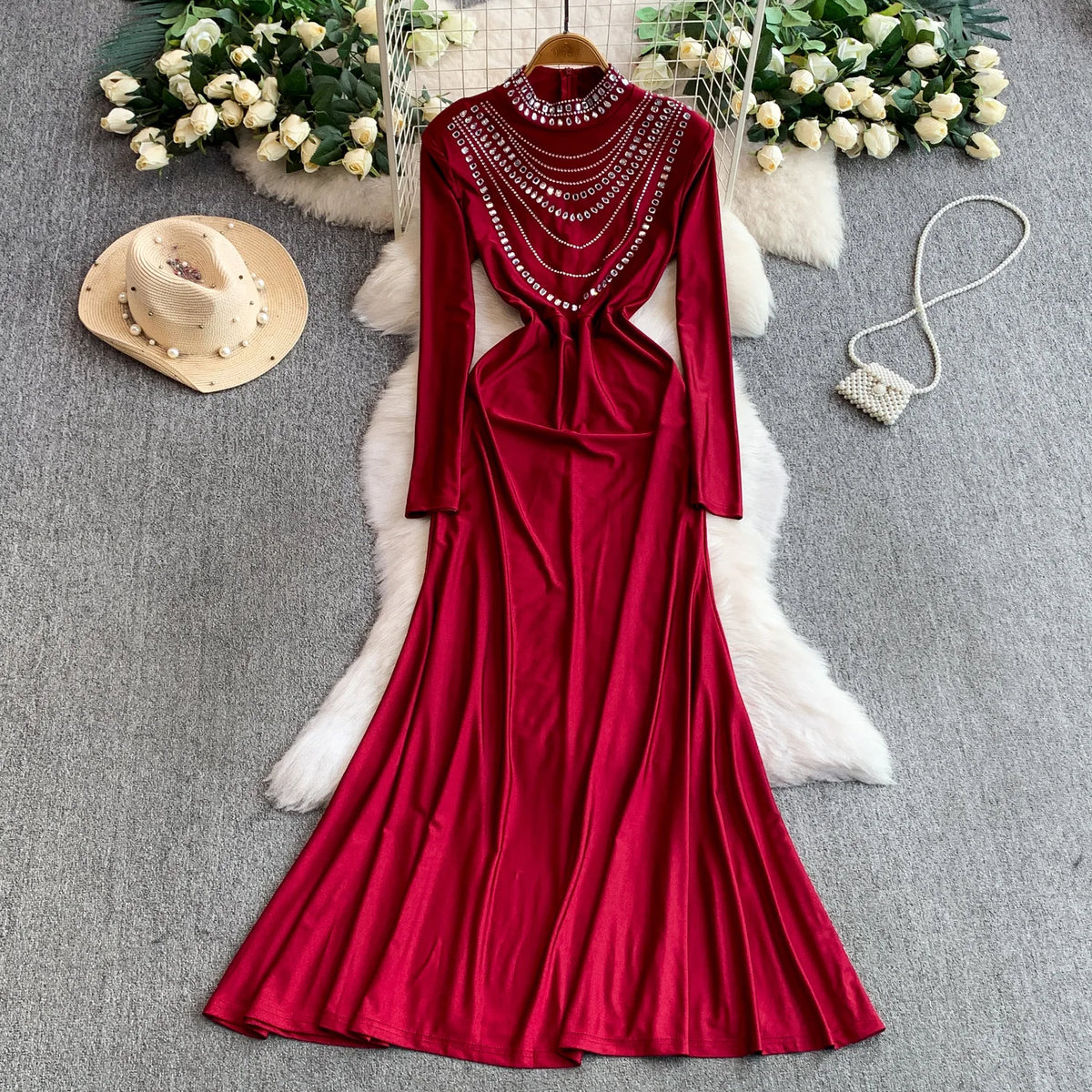 Rhinestone Long Sleeve Maxi Dress