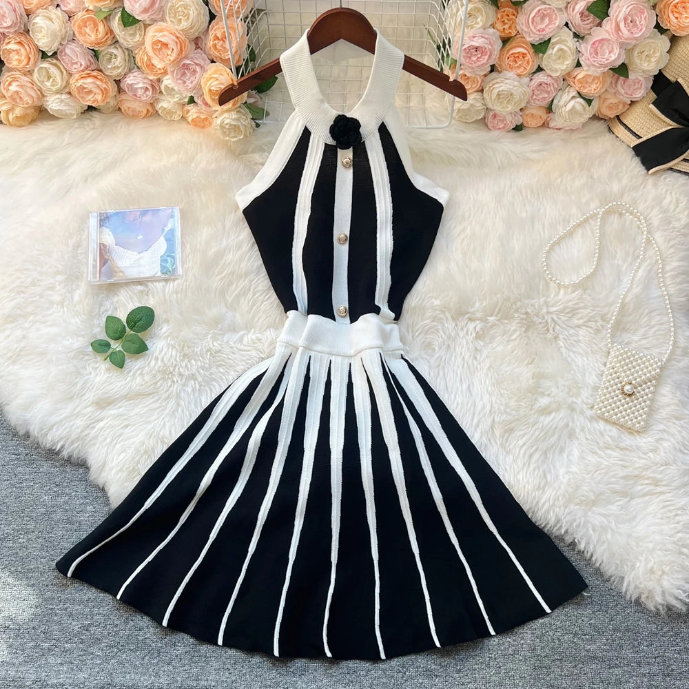Flower Halter Knit A-Line Mini Dress