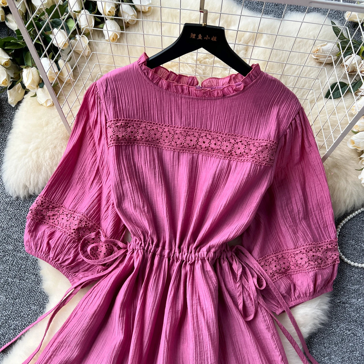 Lace Ruffle Lantern Sleeve Chiffon Dress