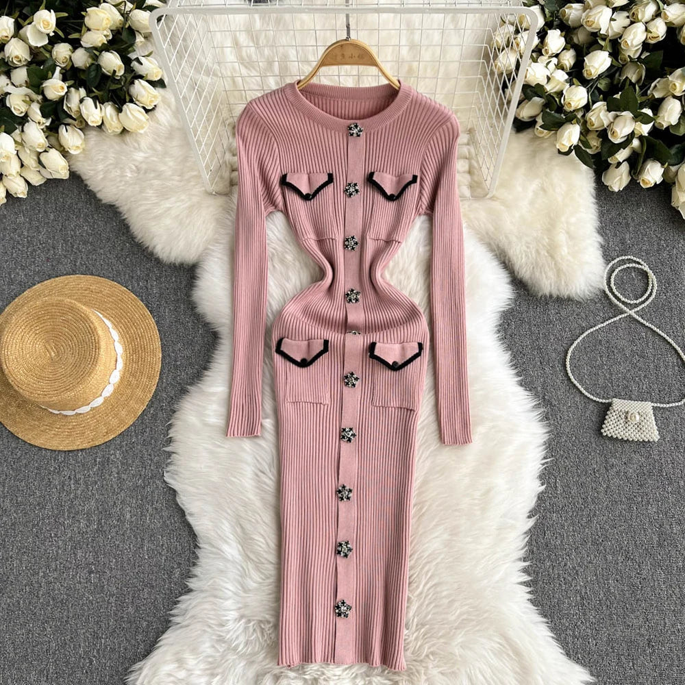 Khaki Long Sleeve Knit Bodycon Sweater Dress