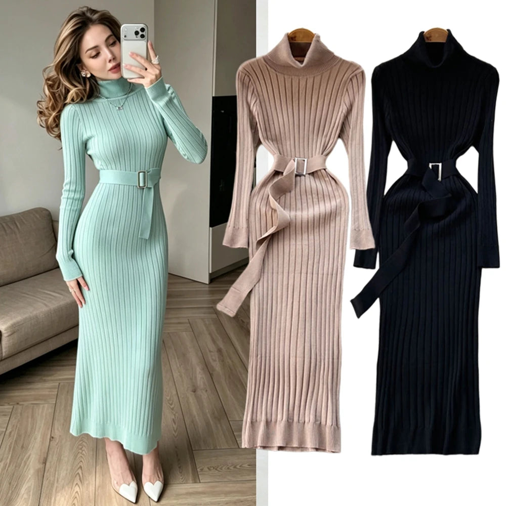 Belted Turtleneck Long Sleeve Maxi Sweater Dress