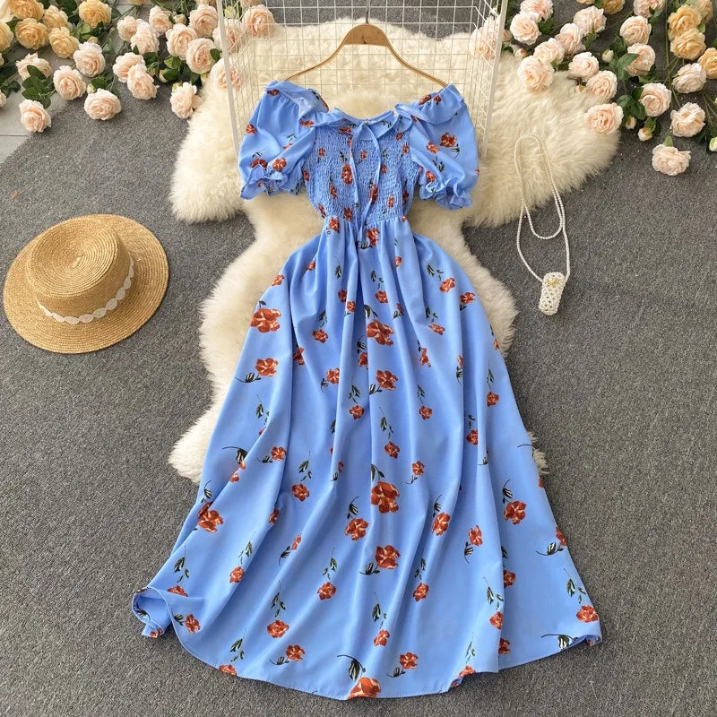 Floral Off-Shoulder Puff Sleeve Maxi Dress