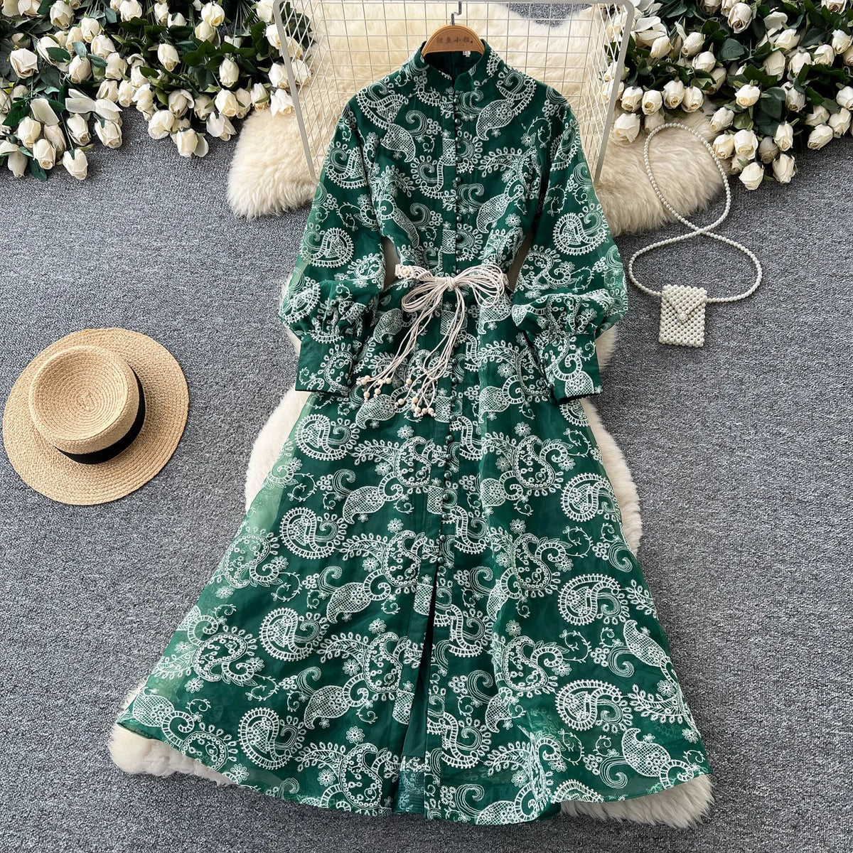 Embroidered Tie Waist Lantern Sleeve Maxi Dress