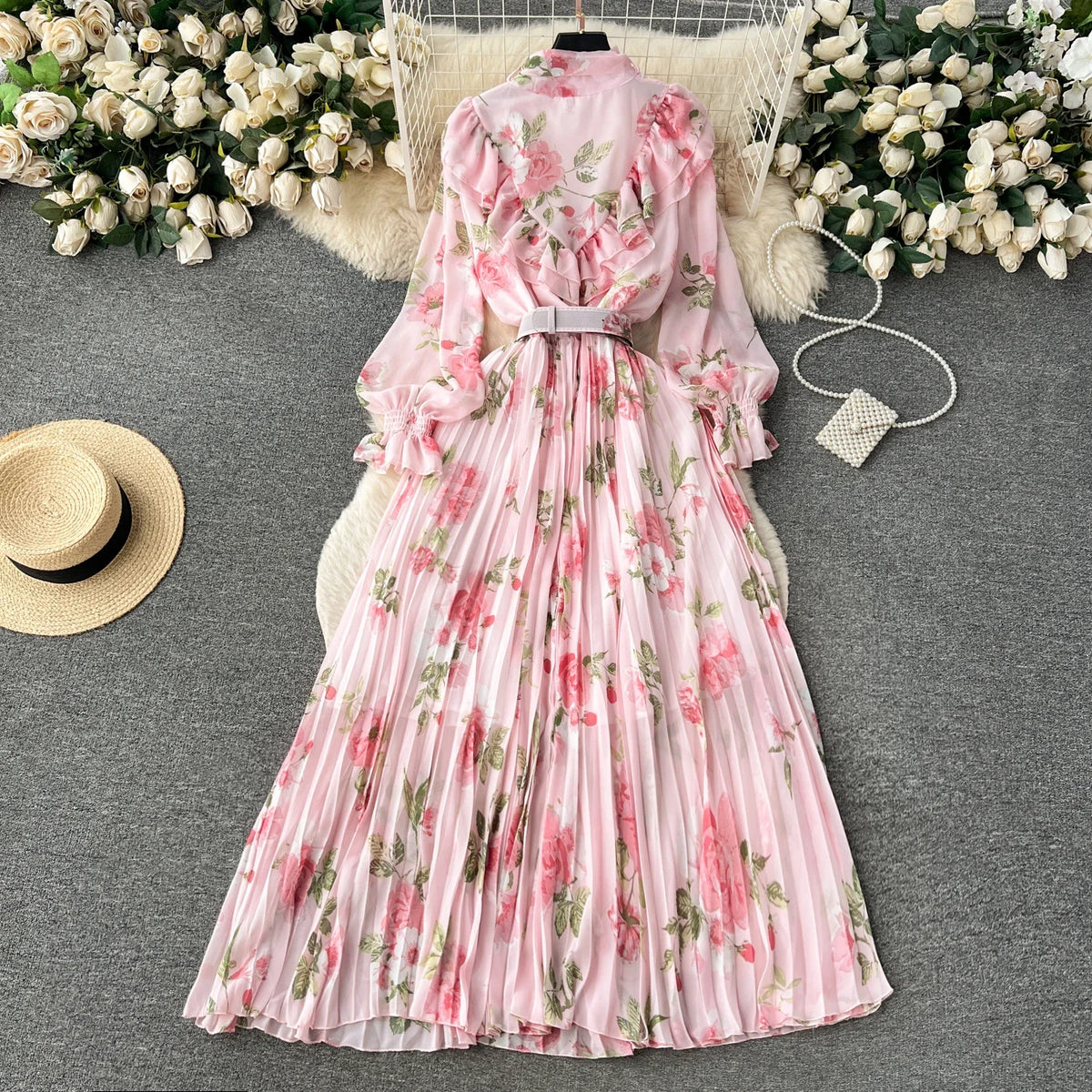 Pleated Print Long Sleeve A-Line Dress