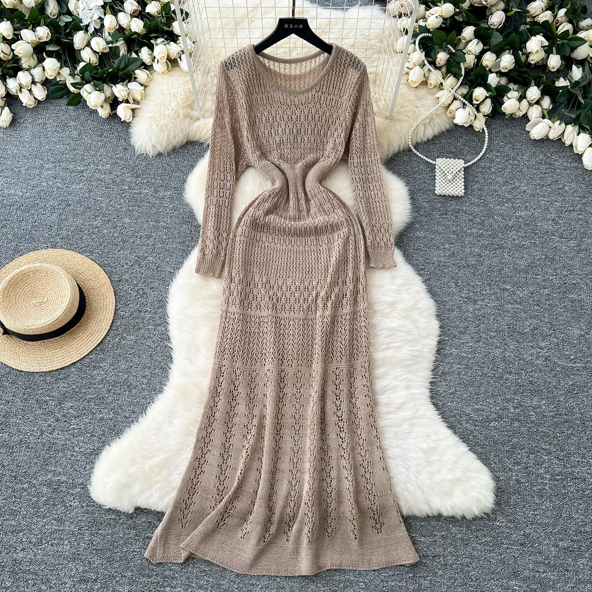 Openwork Knit Long Sleeve Dress