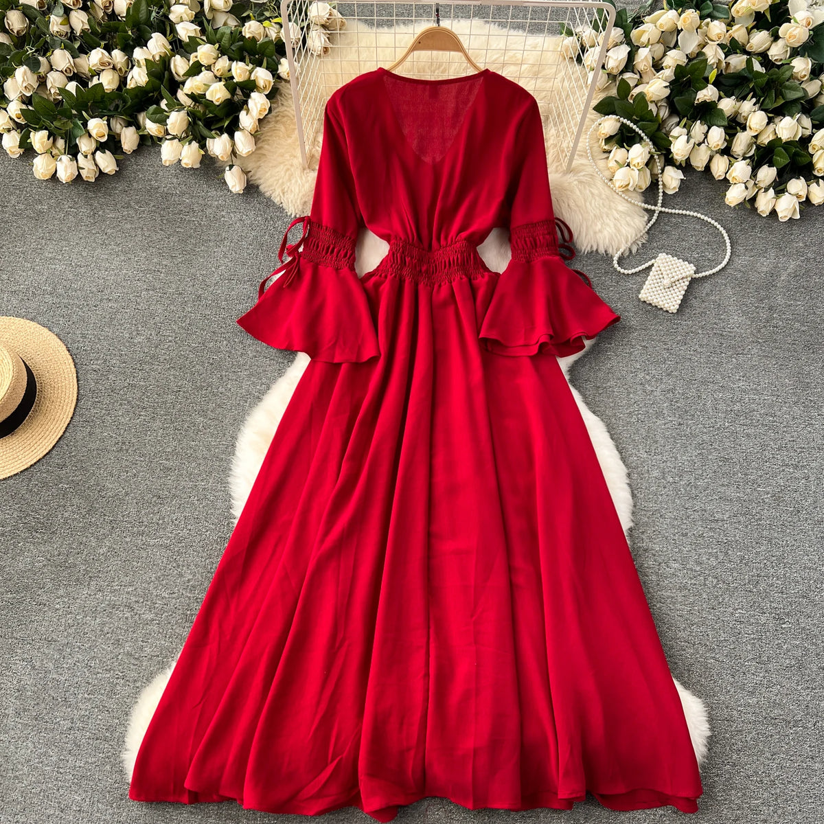 Belted Print Flare Sleeve A-Line Dress