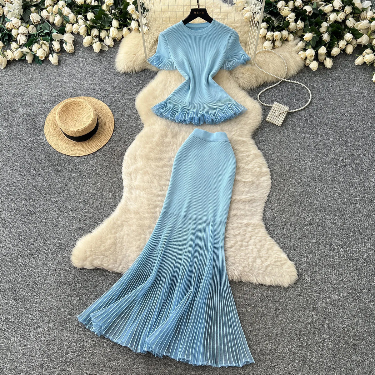 Ruffled Knit Pullover and Trumpet Skirt Set