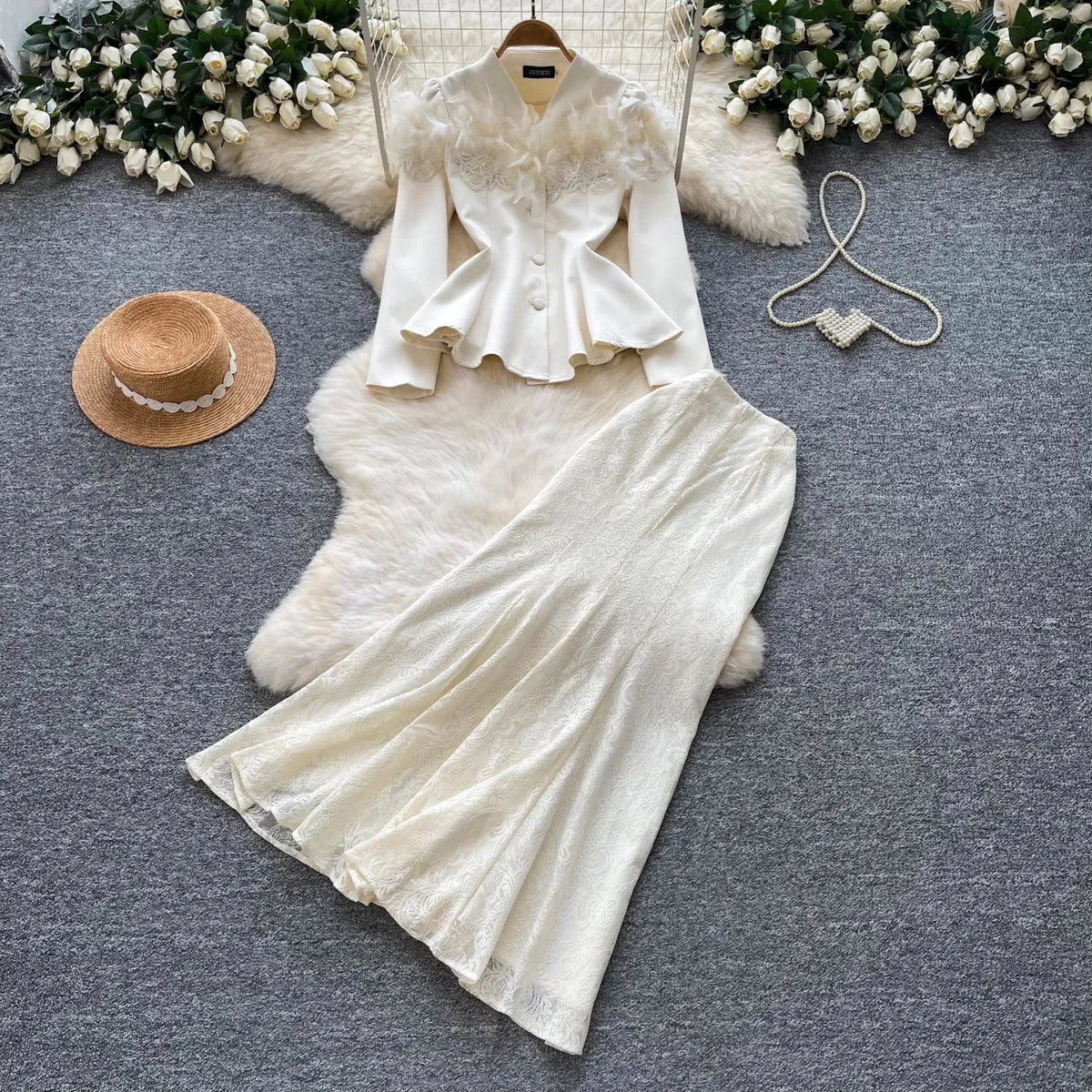 Beaded Feather Lace Jacket and Skirt Set