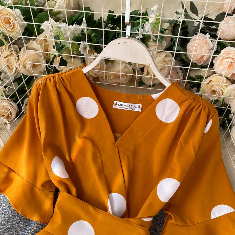 Polka Dot Tie Waist V-Neck Dress
