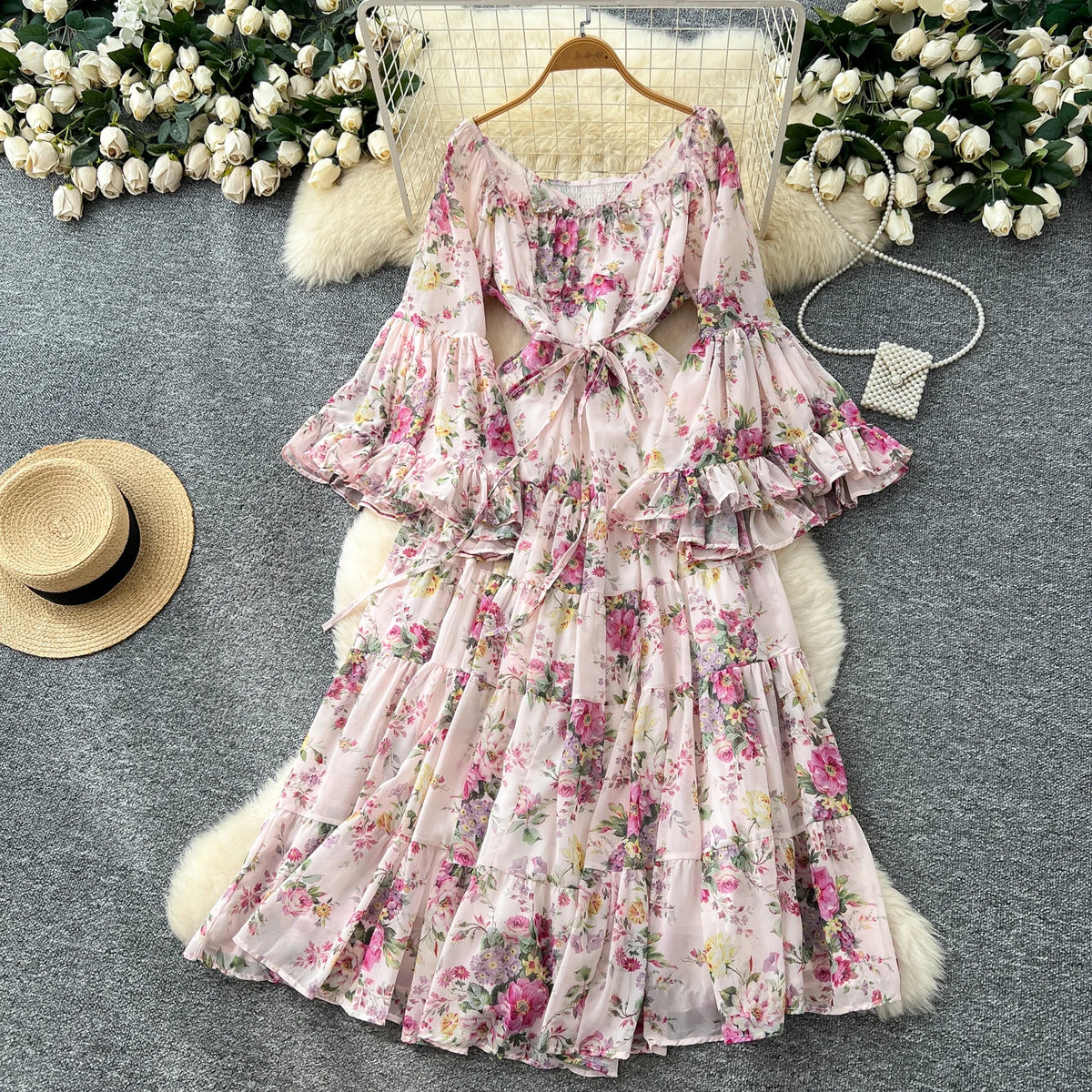 Pleated Print Flare Sleeve Long Dress
