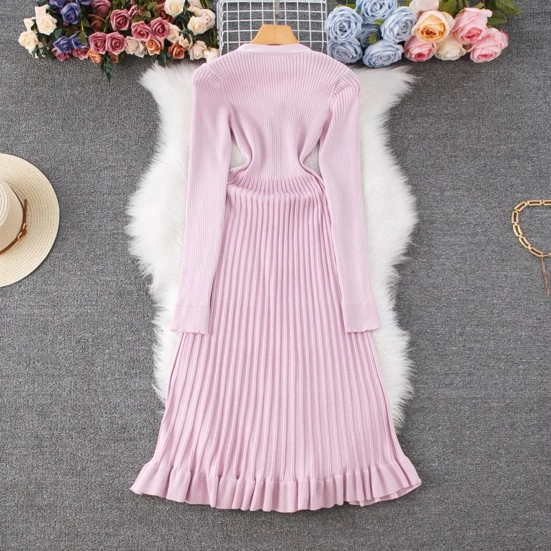 Pleated V-Neck Knit Maxi Sweater Dress