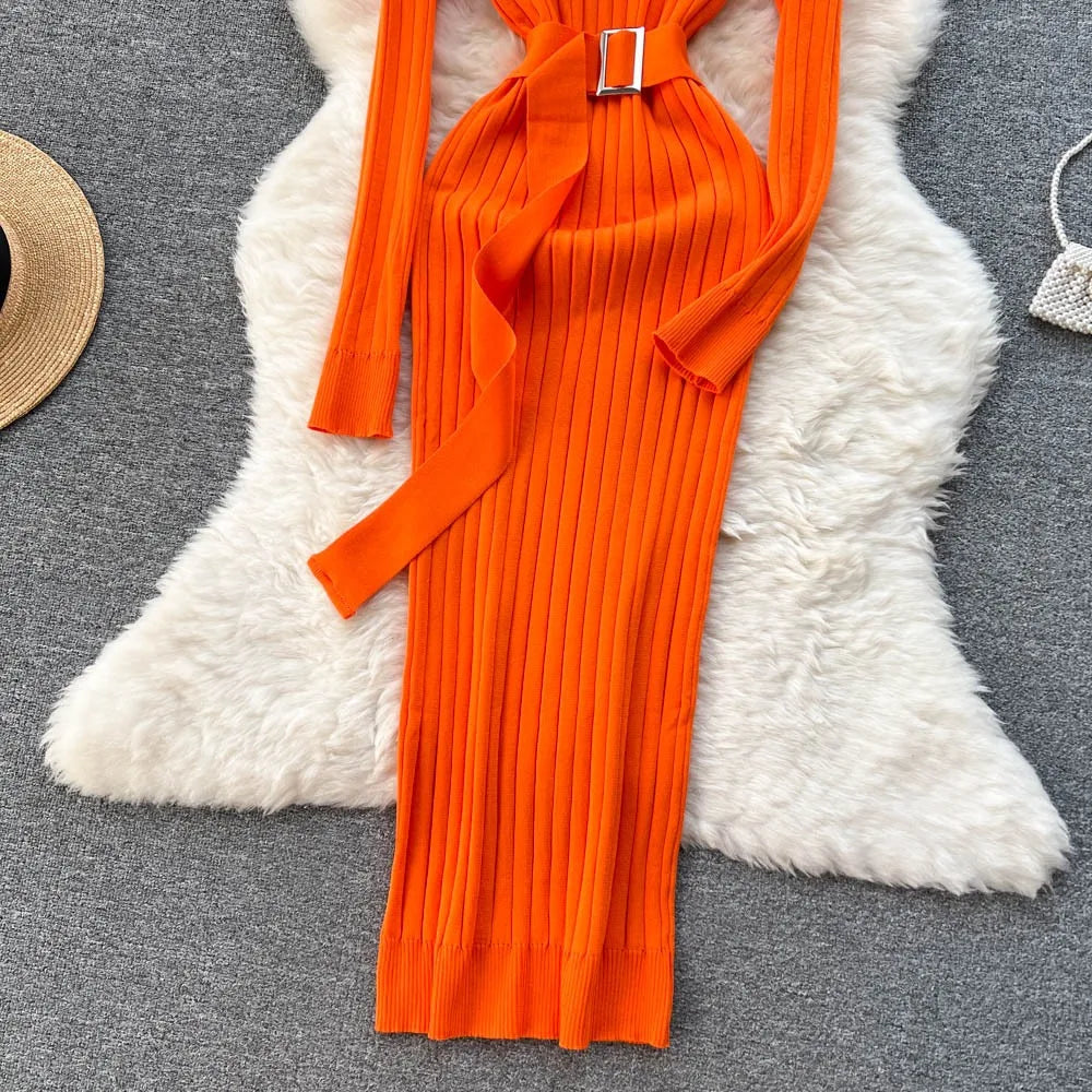 Ribbed Knit Wrap Maxi Sweater Dress
