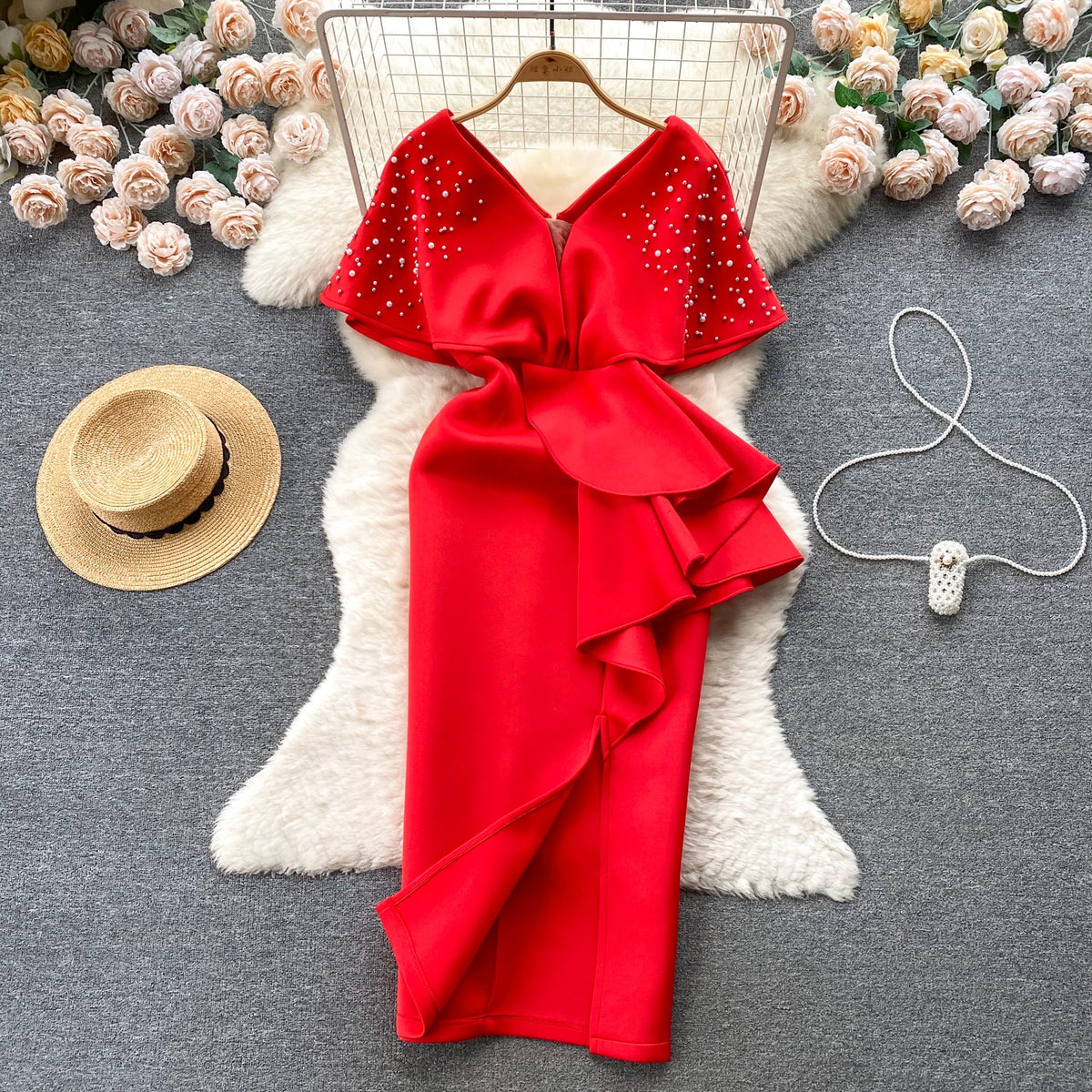 Rhinestone Ruffle V-Neck A-Line Dress
