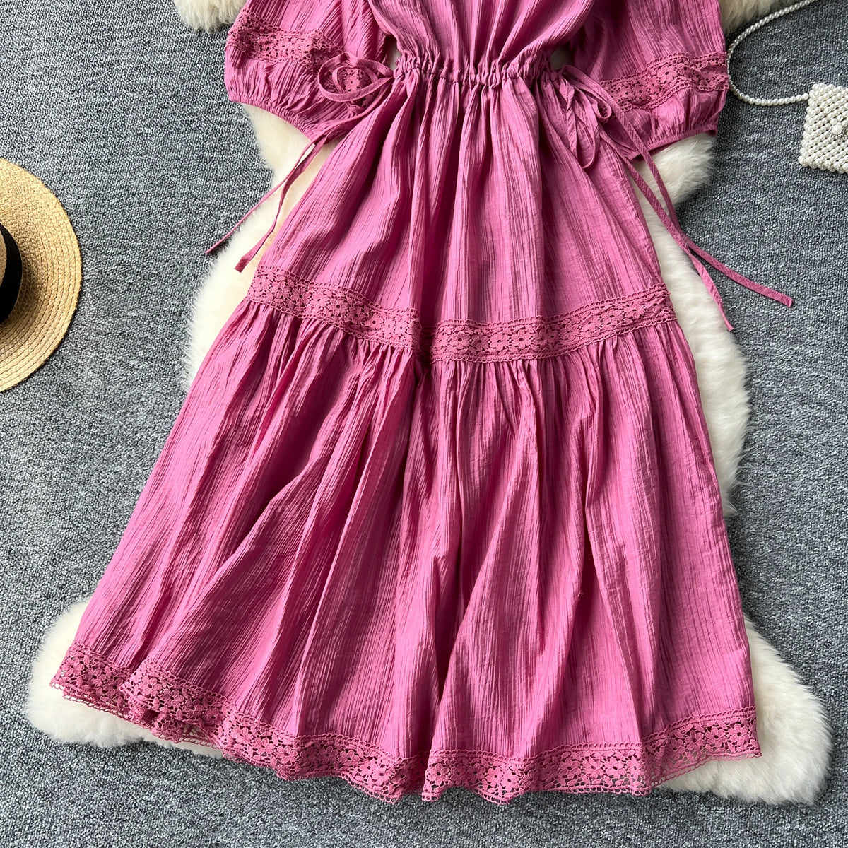 Lace Ruffle Lantern Sleeve Chiffon Dress