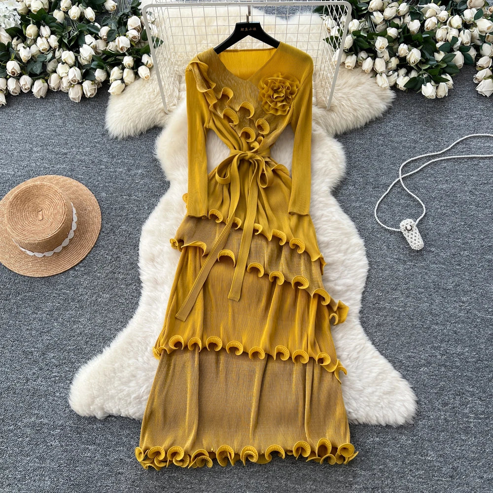 3D Ruffle High Waist Long Sleeve Dress