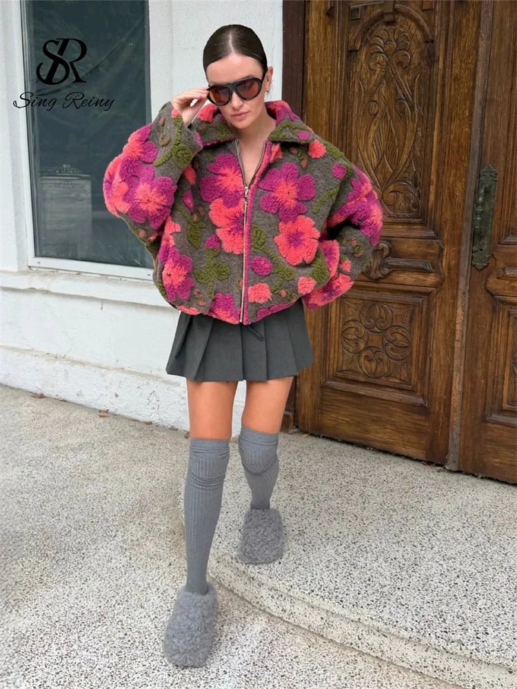 Floral Fleece Zip Collared Jacket
