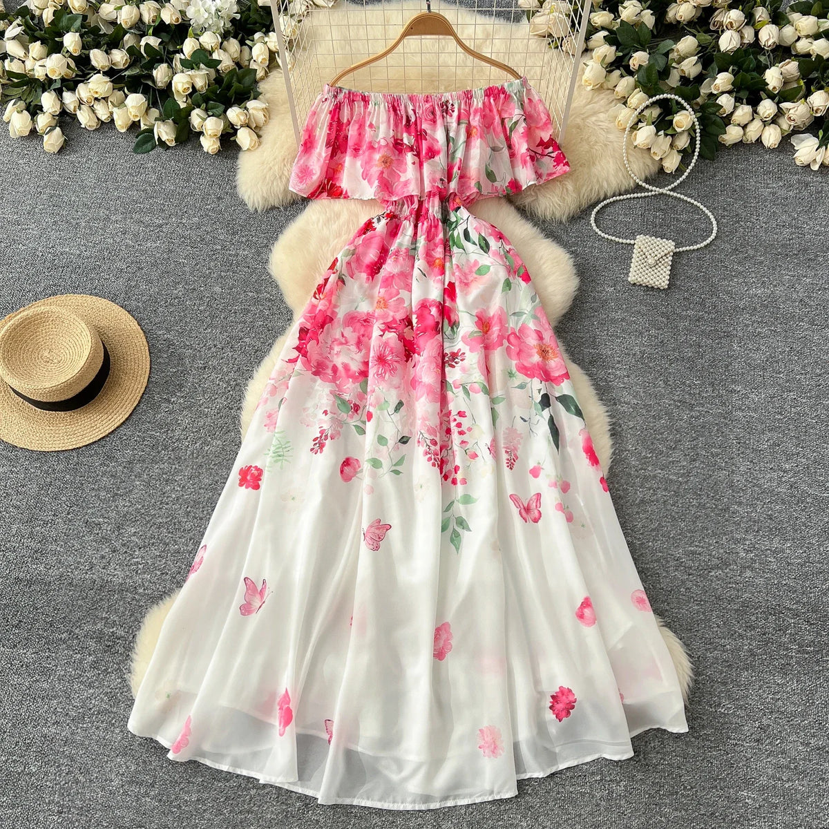 Floral Chiffon Pleated Boat Neck Maxi Dress