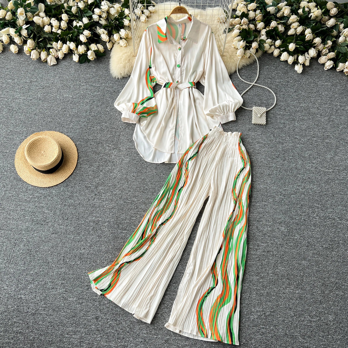 Print Pleated Top and Wide Leg Pants Set