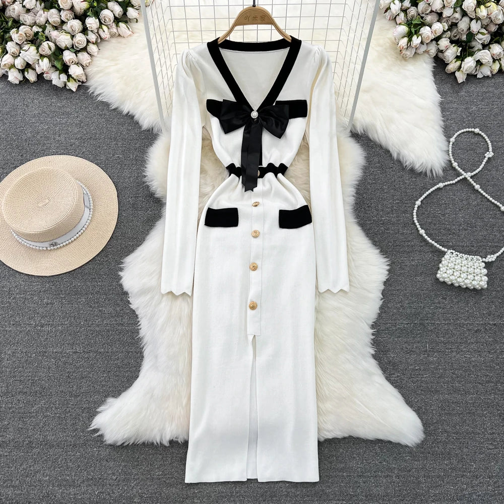 Butterfly Knit V-Neck Bodycon Sweater Dress