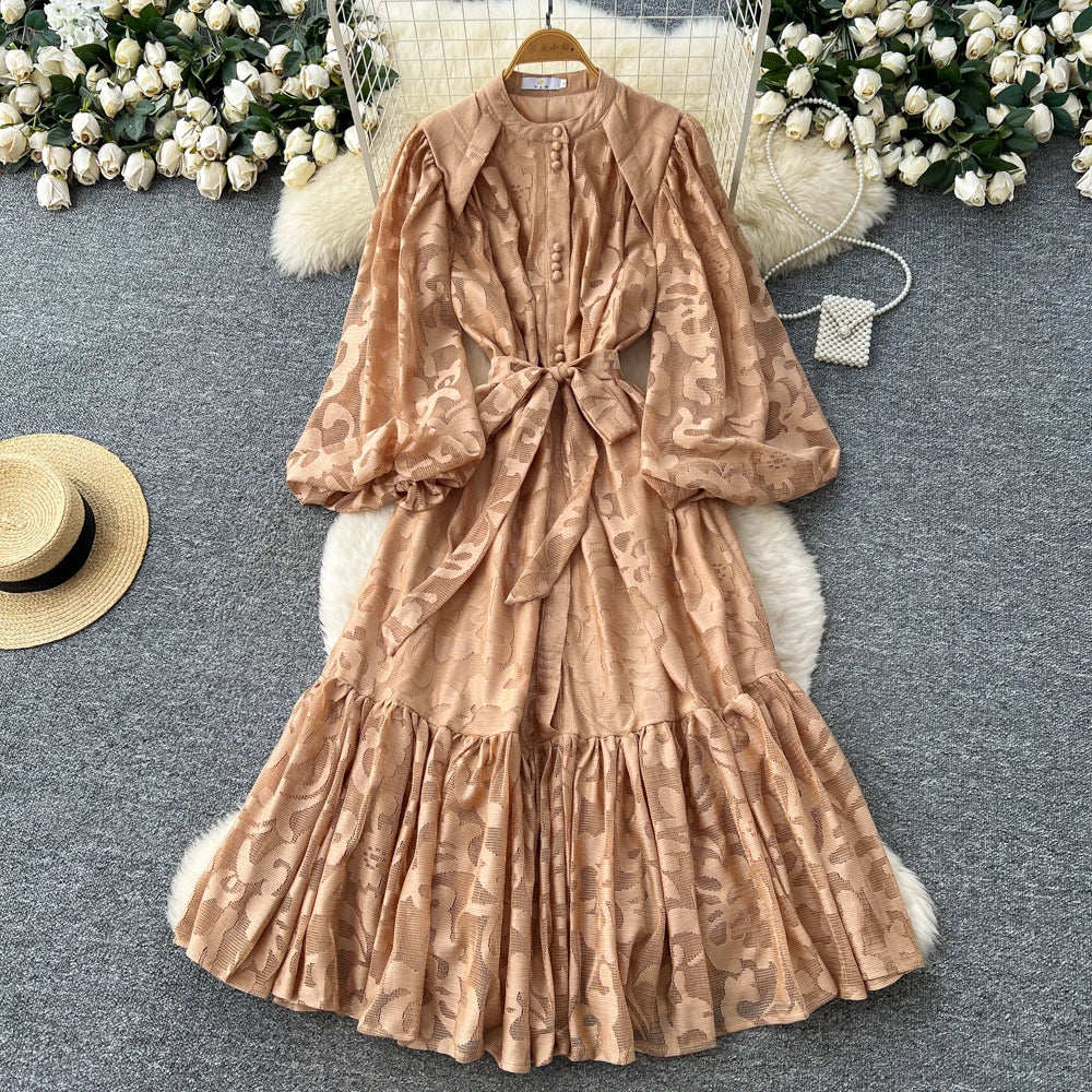 Lace Lantern Sleeve Ruched Dress